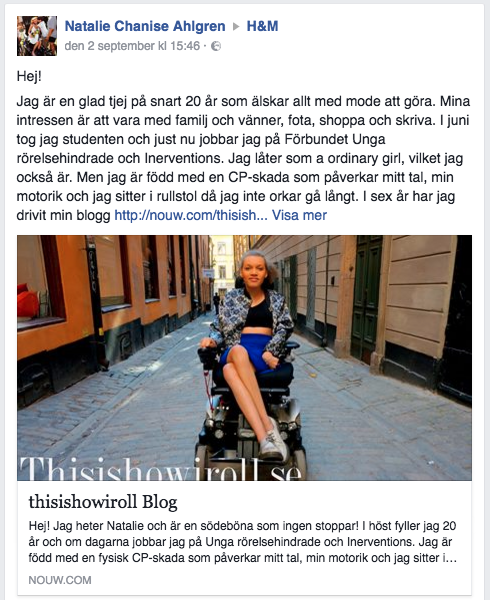 Natalies inlägg till H&M på Facebook.